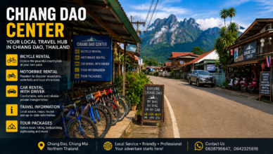 Bicycle and motorbike rental shop at Chiang Dao Center with Doi Luang Chiang Dao mountain view in Northern Thailand