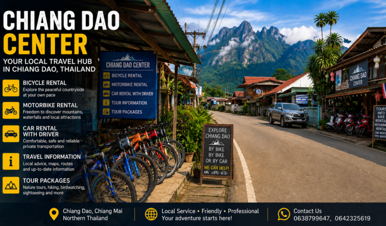 Bicycle and motorbike rental shop at Chiang Dao Center with Doi Luang Chiang Dao mountain view in Northern Thailand