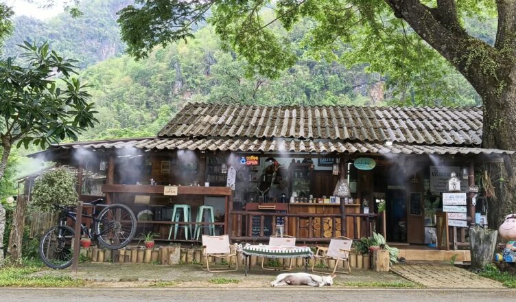 Hut Cafe’ in Chiang Dao surrounded by large trees and mountain views in Northern Thailand