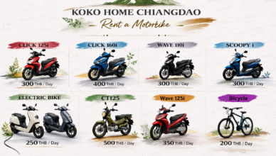 Motorbike rental price list in Chiang Dao including Honda Click, Wave, Scoopy, CT125, electric bikes, and bicycles at KOKO HOME Chiang Dao