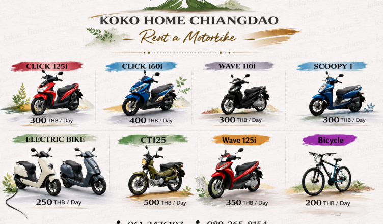 Motorbike rental price list in Chiang Dao including Honda Click, Wave, Scoopy, CT125, electric bikes, and bicycles at KOKO HOME Chiang Dao